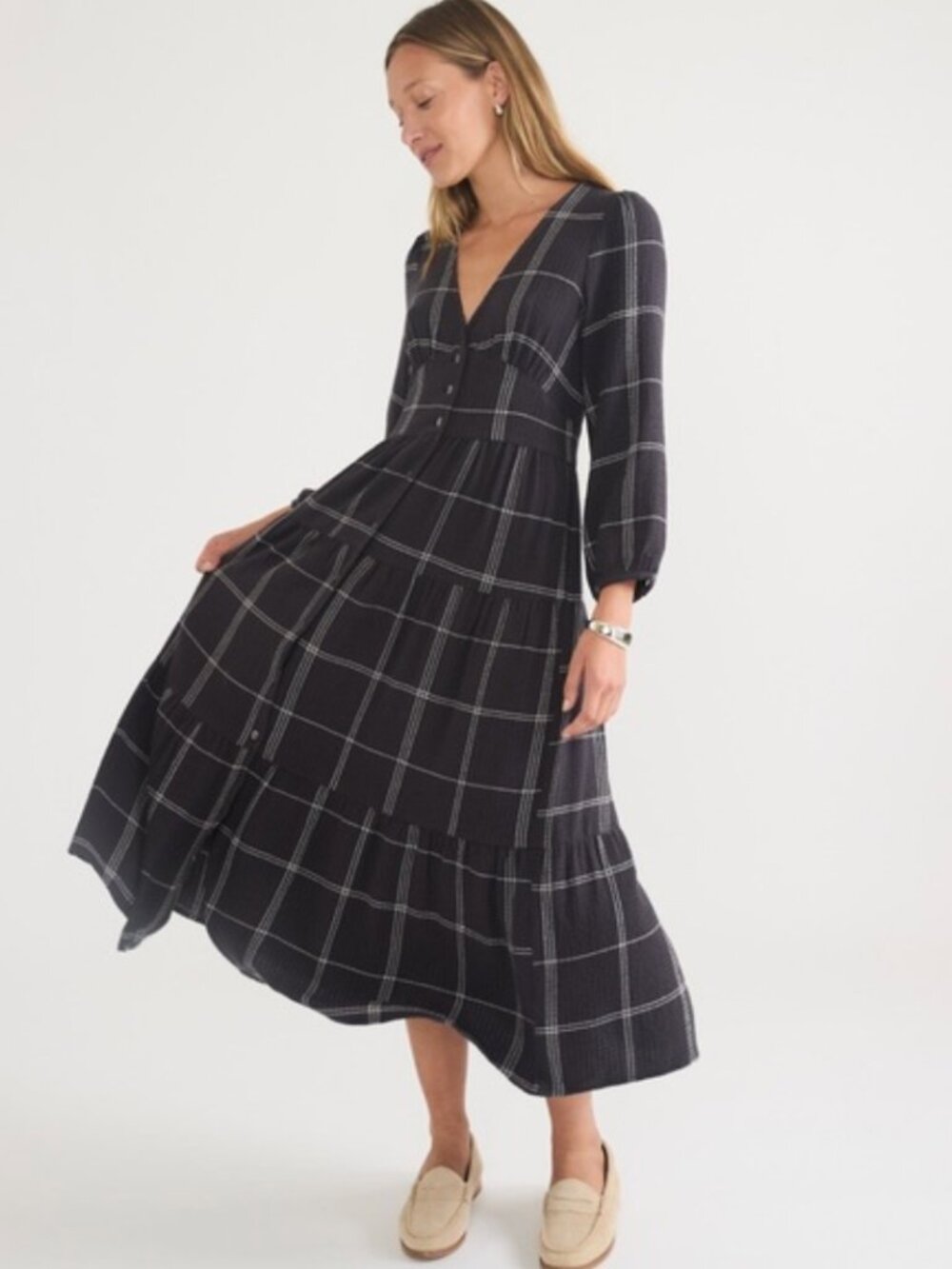 NWT $148 Marine Layer Maeve Maxi Dress Black Windowpane Plaid Medium Flowy Boho